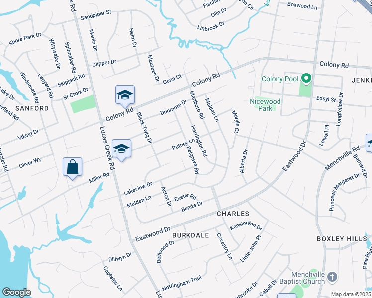 map of restaurants, bars, coffee shops, grocery stores, and more near 449 Putney Lane in Newport News