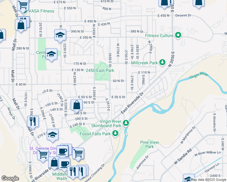 map of restaurants, bars, coffee shops, grocery stores, and more near 2668 East 10 North Circle in St. George