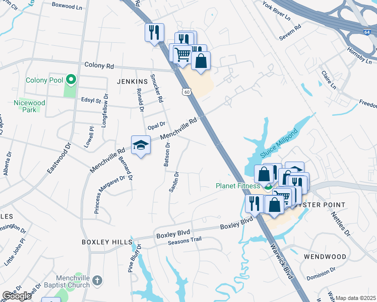 map of restaurants, bars, coffee shops, grocery stores, and more near 298 Sanlin Drive in Newport News