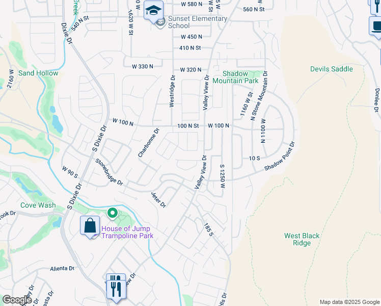 map of restaurants, bars, coffee shops, grocery stores, and more near 39 North Valley View Drive in St. George