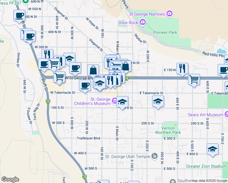 map of restaurants, bars, coffee shops, grocery stores, and more near 62 West Tabernacle Street in St. George