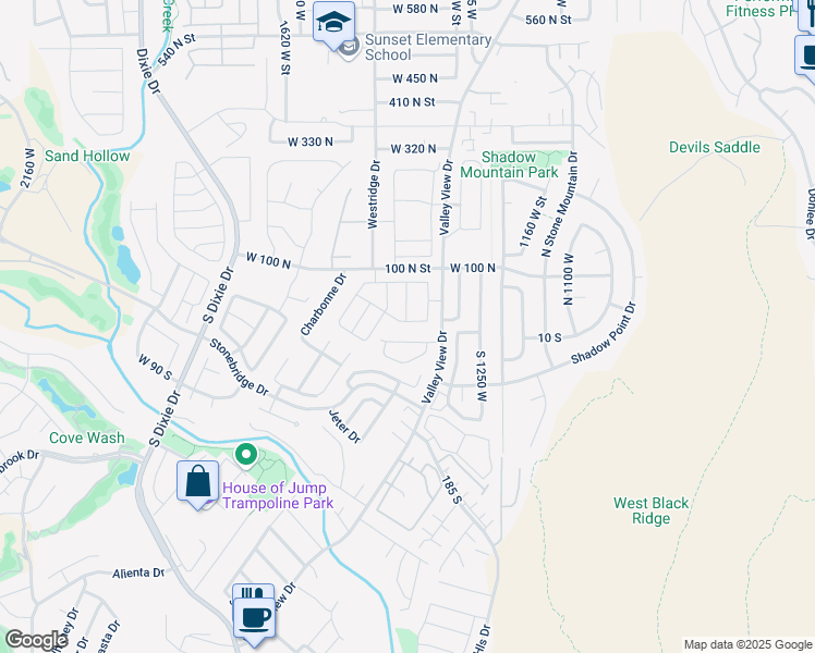 map of restaurants, bars, coffee shops, grocery stores, and more near 39 Valley View Drive in St. George