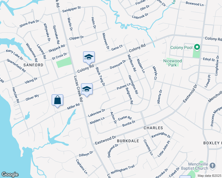 map of restaurants, bars, coffee shops, grocery stores, and more near 460 Putney Lane in Newport News