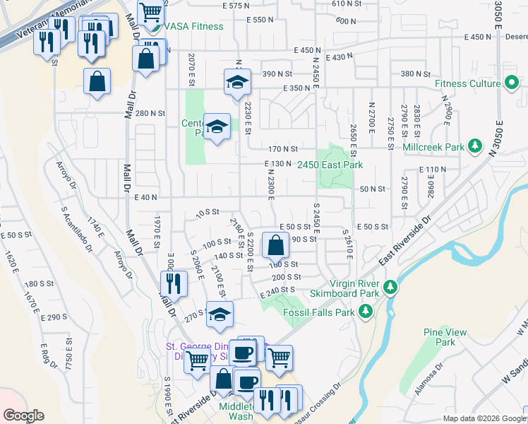 map of restaurants, bars, coffee shops, grocery stores, and more near 5 South Crimson Circle in St. George