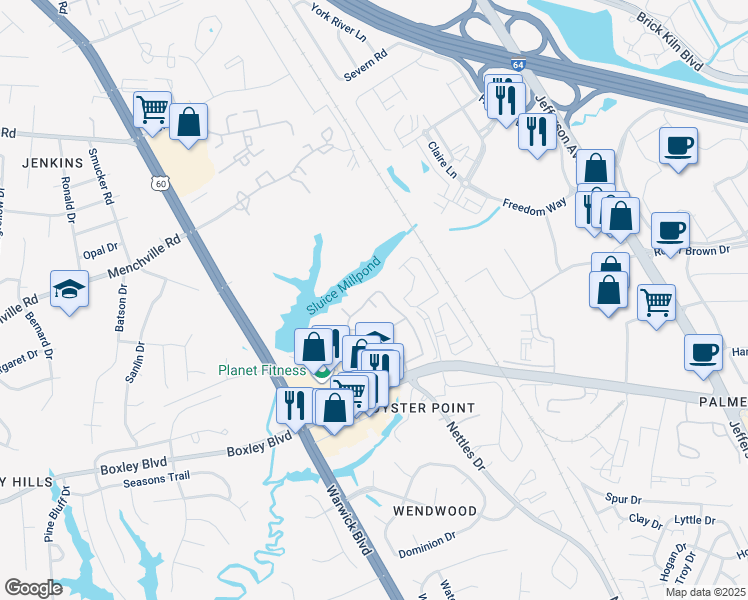 map of restaurants, bars, coffee shops, grocery stores, and more near 669 Todd Trail in Newport News
