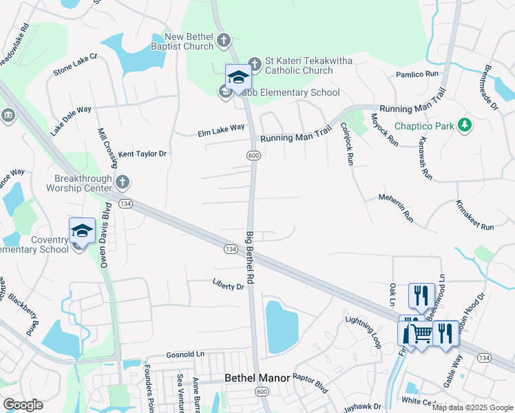 map of restaurants, bars, coffee shops, grocery stores, and more near 3314 Big Bethel Road in Yorktown