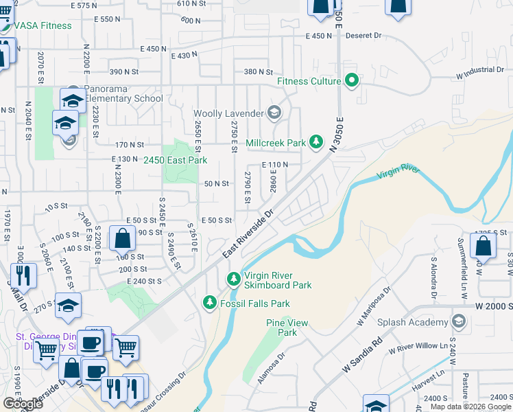 map of restaurants, bars, coffee shops, grocery stores, and more near 2811 East Paradise Way in St. George