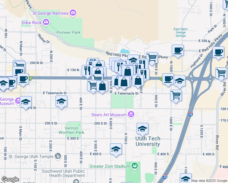 map of restaurants, bars, coffee shops, grocery stores, and more near 605 East Tabernacle Street in St. George