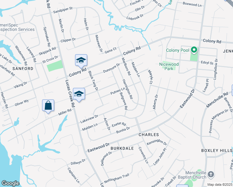 map of restaurants, bars, coffee shops, grocery stores, and more near 449 Putney Lane in Newport News
