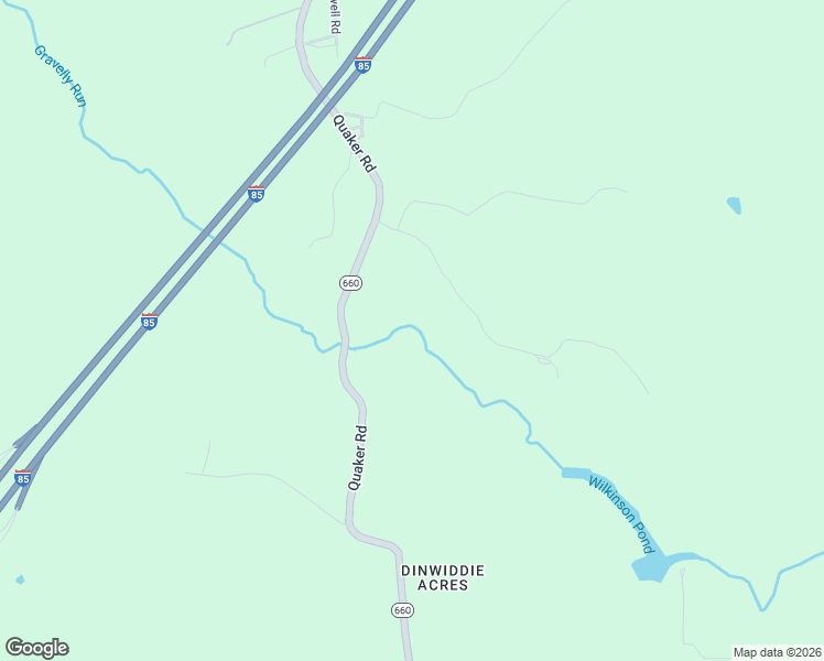 map of restaurants, bars, coffee shops, grocery stores, and more near 11905 Quaker Road in Dinwiddie