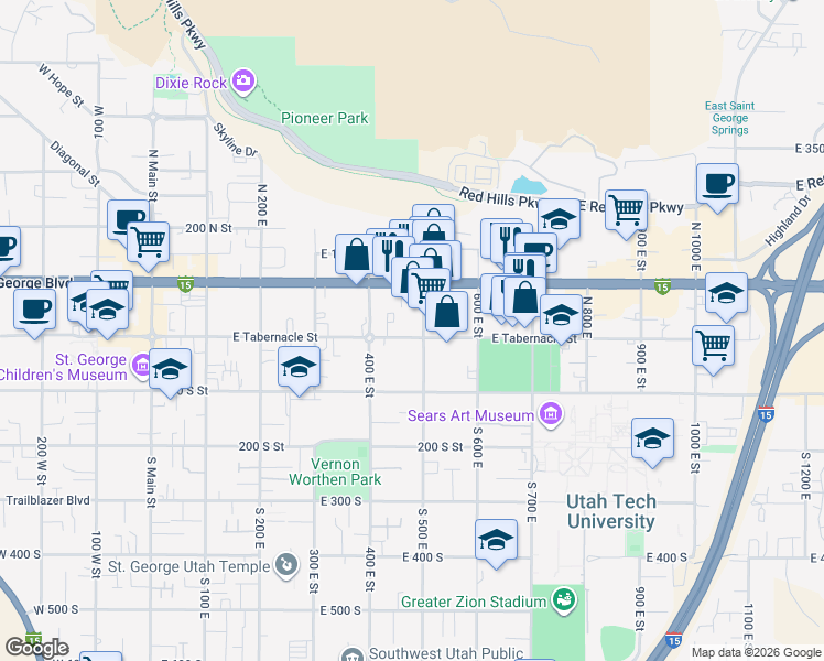 map of restaurants, bars, coffee shops, grocery stores, and more near 475 East Tabernacle Street in St. George