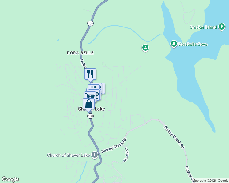 map of restaurants, bars, coffee shops, grocery stores, and more near 42031 North Aspen Road in Shaver Lake