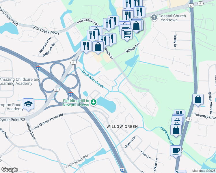 map of restaurants, bars, coffee shops, grocery stores, and more near 826 Greystone Trce in Newport News