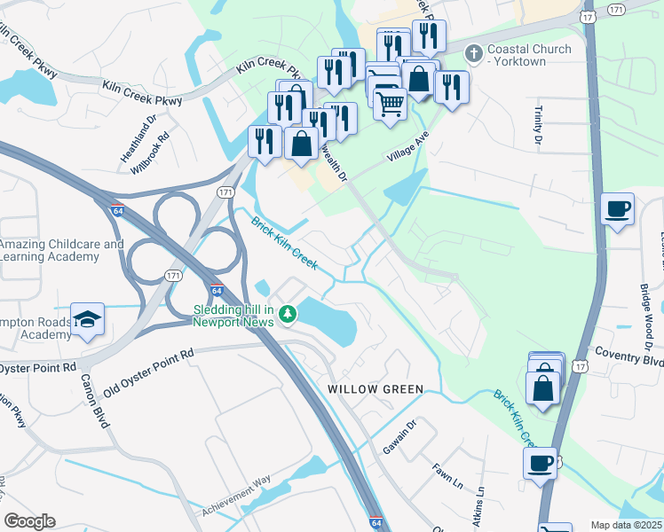 map of restaurants, bars, coffee shops, grocery stores, and more near 826 Greystone Trace in Newport News