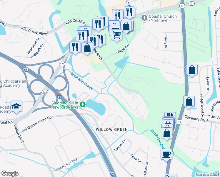 map of restaurants, bars, coffee shops, grocery stores, and more near 725 Oak Mill Lane in Newport News