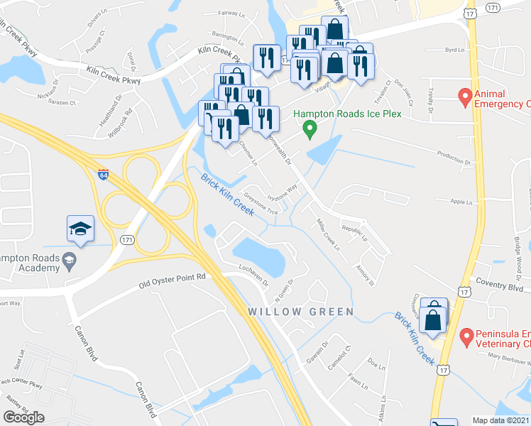map of restaurants, bars, coffee shops, grocery stores, and more near 826 Greystone Trce in Newport News