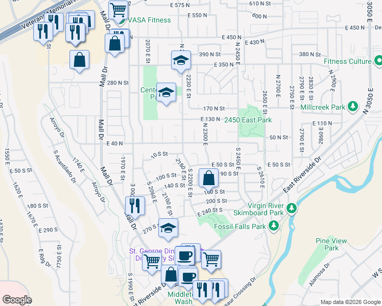 map of restaurants, bars, coffee shops, grocery stores, and more near 5 Crimson Circle in St. George