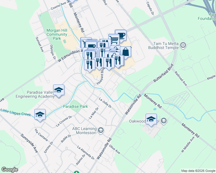 map of restaurants, bars, coffee shops, grocery stores, and more near 15400 Vineyard Boulevard in Morgan Hill