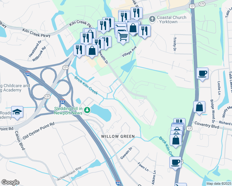 map of restaurants, bars, coffee shops, grocery stores, and more near 725 Oak Mill Lane in Newport News