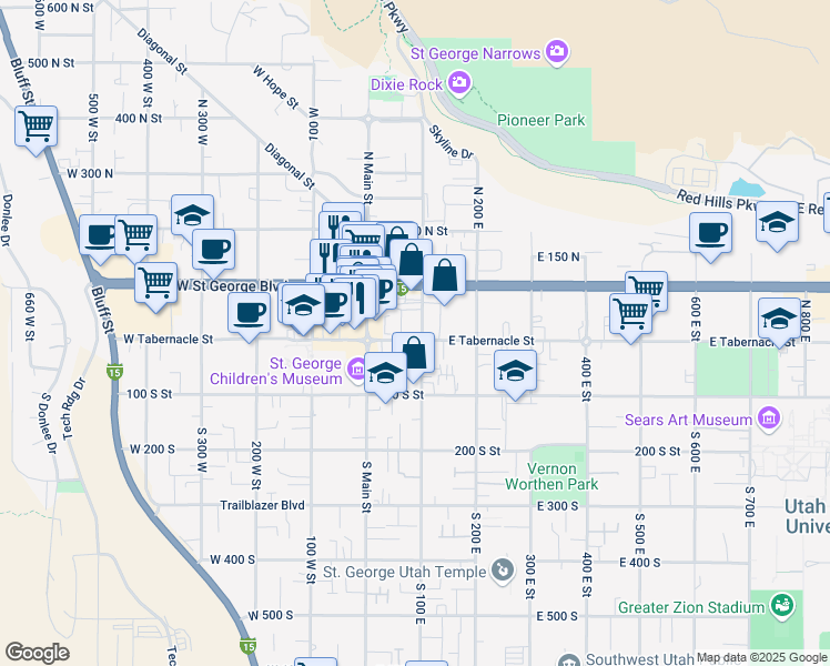 map of restaurants, bars, coffee shops, grocery stores, and more near 95 East Tabernacle Street in St. George