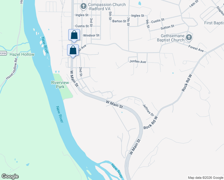 map of restaurants, bars, coffee shops, grocery stores, and more near 108 Midkiff Lane in Radford