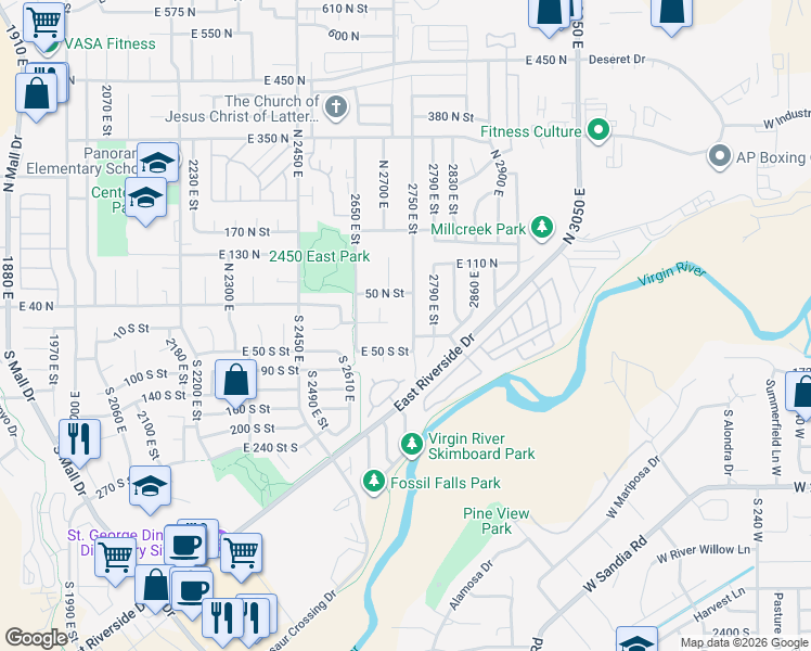 map of restaurants, bars, coffee shops, grocery stores, and more near 6 S 2750 E in St George