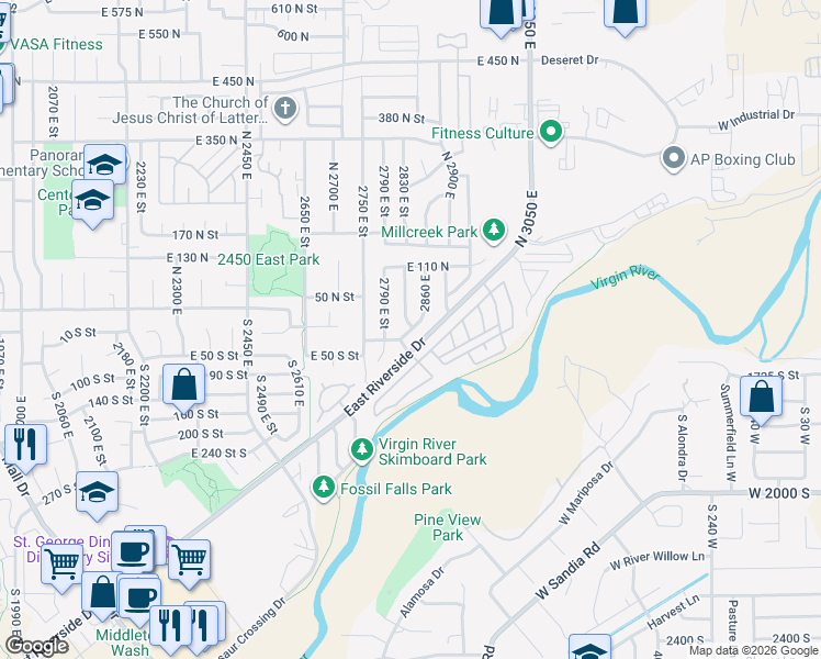 map of restaurants, bars, coffee shops, grocery stores, and more near 10 North in St. George