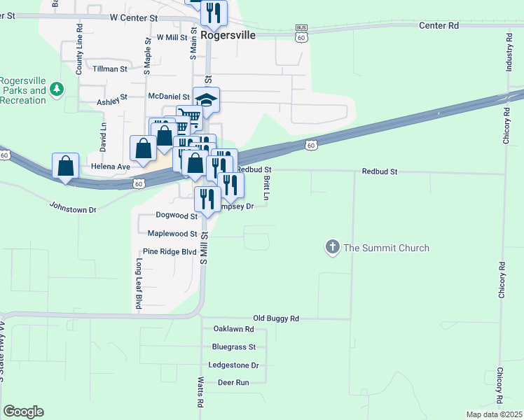map of restaurants, bars, coffee shops, grocery stores, and more near 107 Dempsey Drive in Rogersville