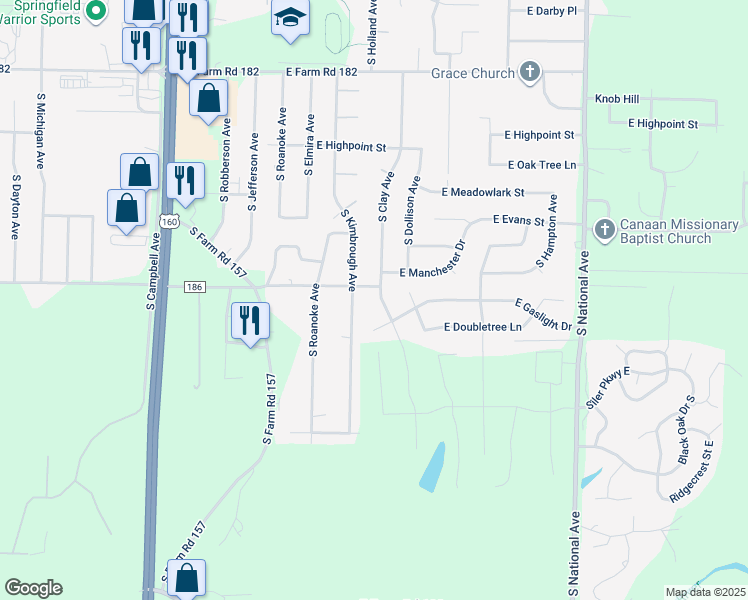 map of restaurants, bars, coffee shops, grocery stores, and more near 5821 South Clay Avenue in Springfield