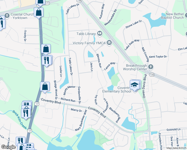 map of restaurants, bars, coffee shops, grocery stores, and more near 201 Jara Lane in Yorktown