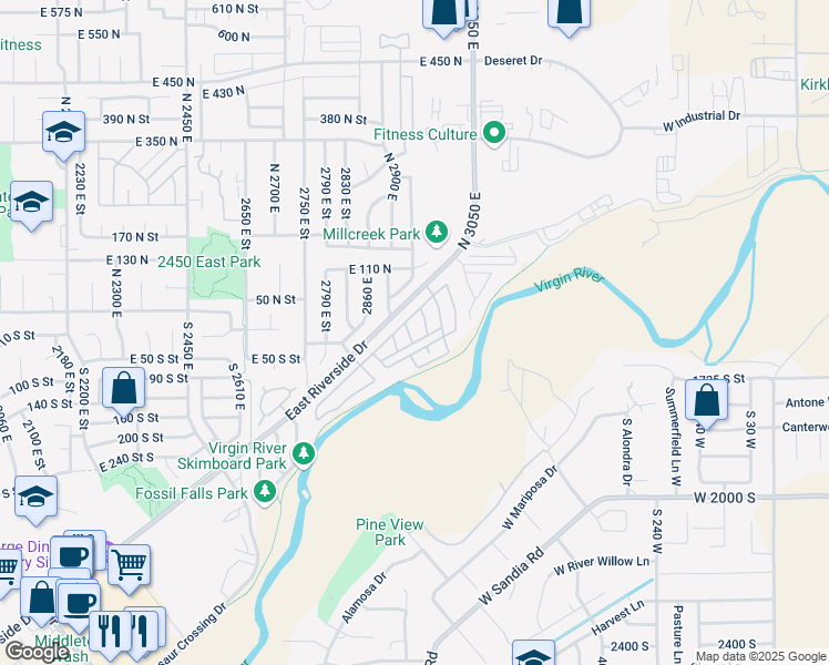 map of restaurants, bars, coffee shops, grocery stores, and more near 2990 East Riverside Drive in St. George