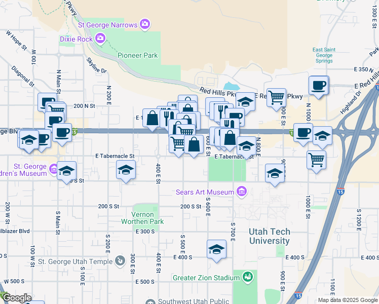 map of restaurants, bars, coffee shops, grocery stores, and more near 2 North 500 East in St. George