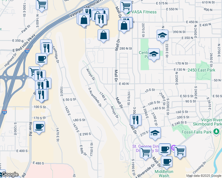 map of restaurants, bars, coffee shops, grocery stores, and more near 145 North Mall Drive in St. George