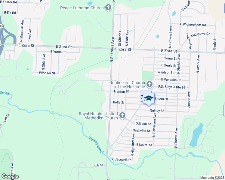 map of restaurants, bars, coffee shops, grocery stores, and more near 1801 Trenton Street in Joplin