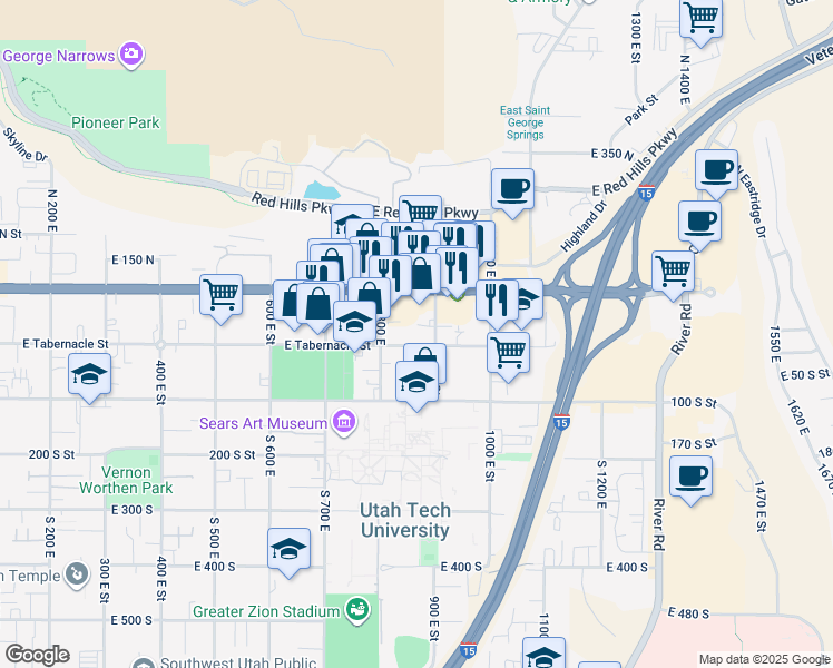 map of restaurants, bars, coffee shops, grocery stores, and more near 875 East Tabernacle Street in St. George