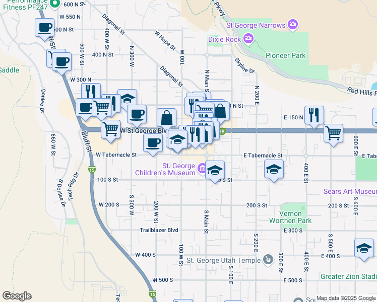 map of restaurants, bars, coffee shops, grocery stores, and more near 62 Tabernacle Street in St. George