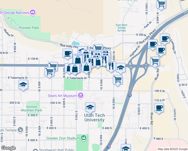 map of restaurants, bars, coffee shops, grocery stores, and more near 875 East Tabernacle Street in St. George