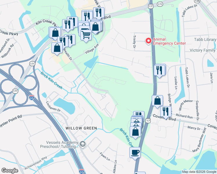 map of restaurants, bars, coffee shops, grocery stores, and more near 501 Commonwealth Drive in Yorktown
