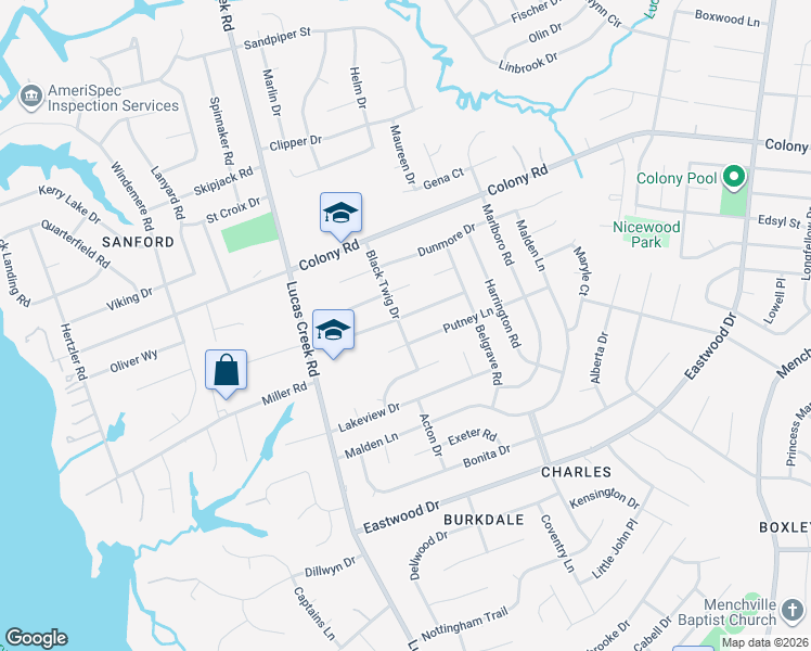 map of restaurants, bars, coffee shops, grocery stores, and more near 460 Putney Lane in Newport News