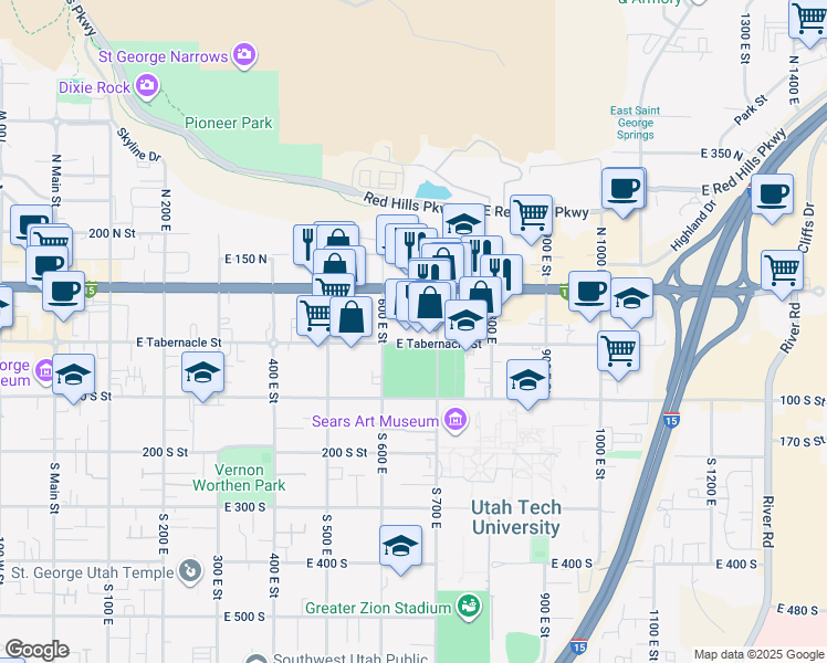 map of restaurants, bars, coffee shops, grocery stores, and more near 655 East Tabernacle Street in St. George