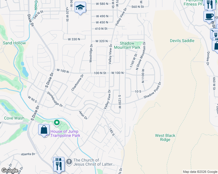 map of restaurants, bars, coffee shops, grocery stores, and more near 42 South Valley View Drive in St. George