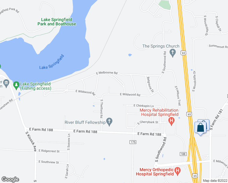 map of restaurants, bars, coffee shops, grocery stores, and more near 2653 East Wildwood Road in Springfield