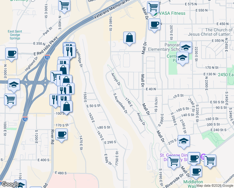 map of restaurants, bars, coffee shops, grocery stores, and more near 26 North Acantilado Drive in St. George