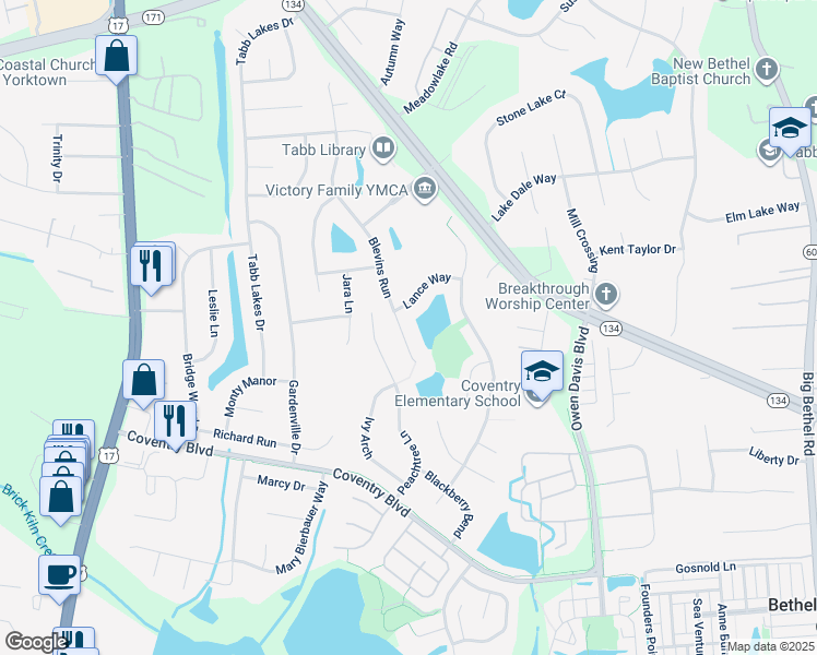 map of restaurants, bars, coffee shops, grocery stores, and more near 305 Blevins Run in Yorktown