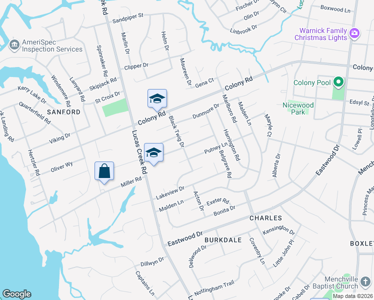 map of restaurants, bars, coffee shops, grocery stores, and more near 460 Putney Lane in Newport News