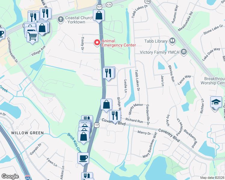 map of restaurants, bars, coffee shops, grocery stores, and more near 1724 George Washington Memorial Highway in Yorktown