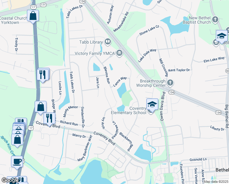 map of restaurants, bars, coffee shops, grocery stores, and more near 305 Blevins Run in Yorktown