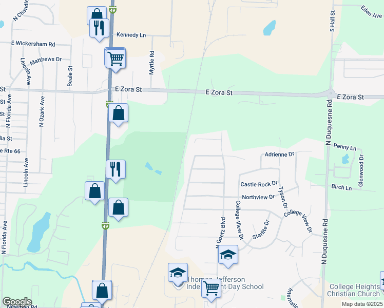 map of restaurants, bars, coffee shops, grocery stores, and more near 1726 Whispering Oaks Drive in Joplin