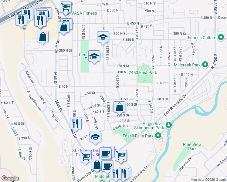 map of restaurants, bars, coffee shops, grocery stores, and more near 5 South Crimson Circle in St. George