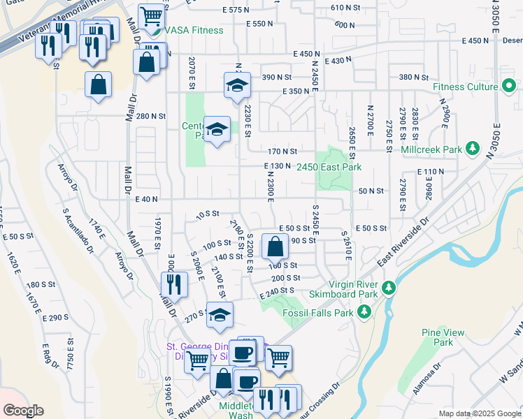 map of restaurants, bars, coffee shops, grocery stores, and more near 5 Crimson Circle in Saint George